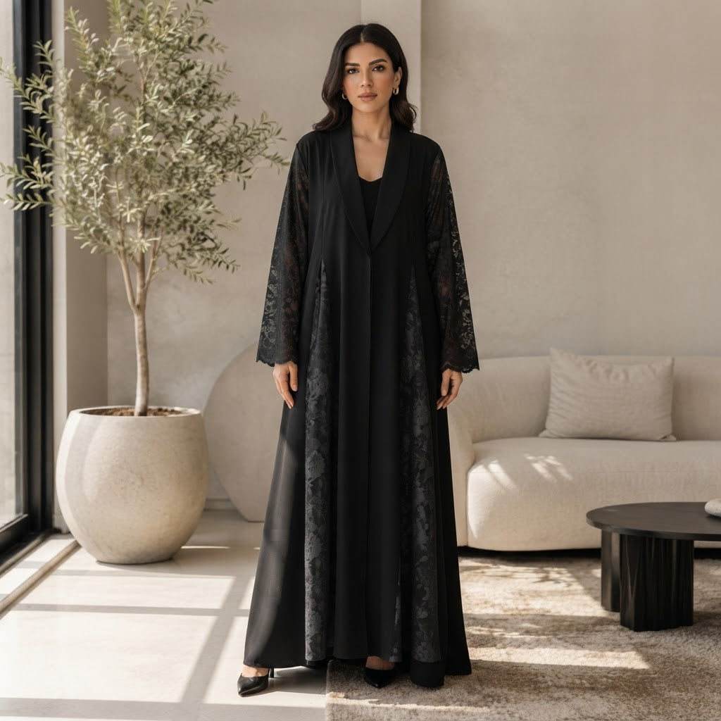 guess Black Open-Front Abaya with Floral Lace Panels