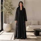 guess Black Open-Front Abaya with Floral Lace Panels