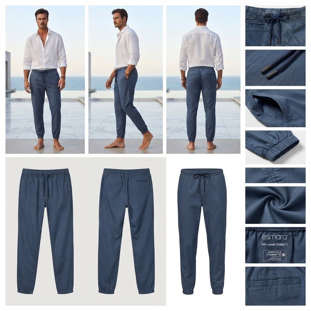 Slate Blue Drawstring Elastic Waist Trousers