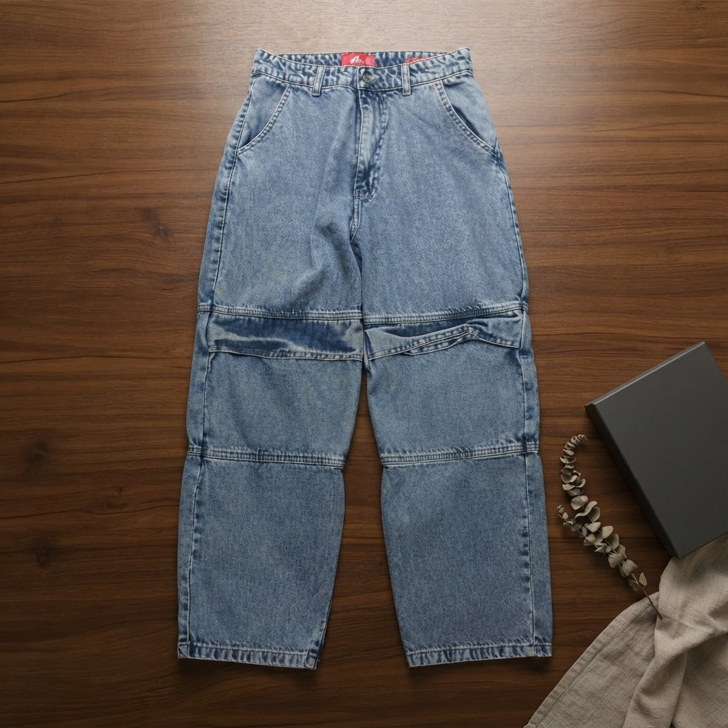 Rfâ Mid Blue Stonewash Skater Fit Wide Leg Panelled Jeans