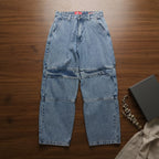 Rfâ Mid Blue Stonewash Skater Fit Wide Leg Panelled Jeans