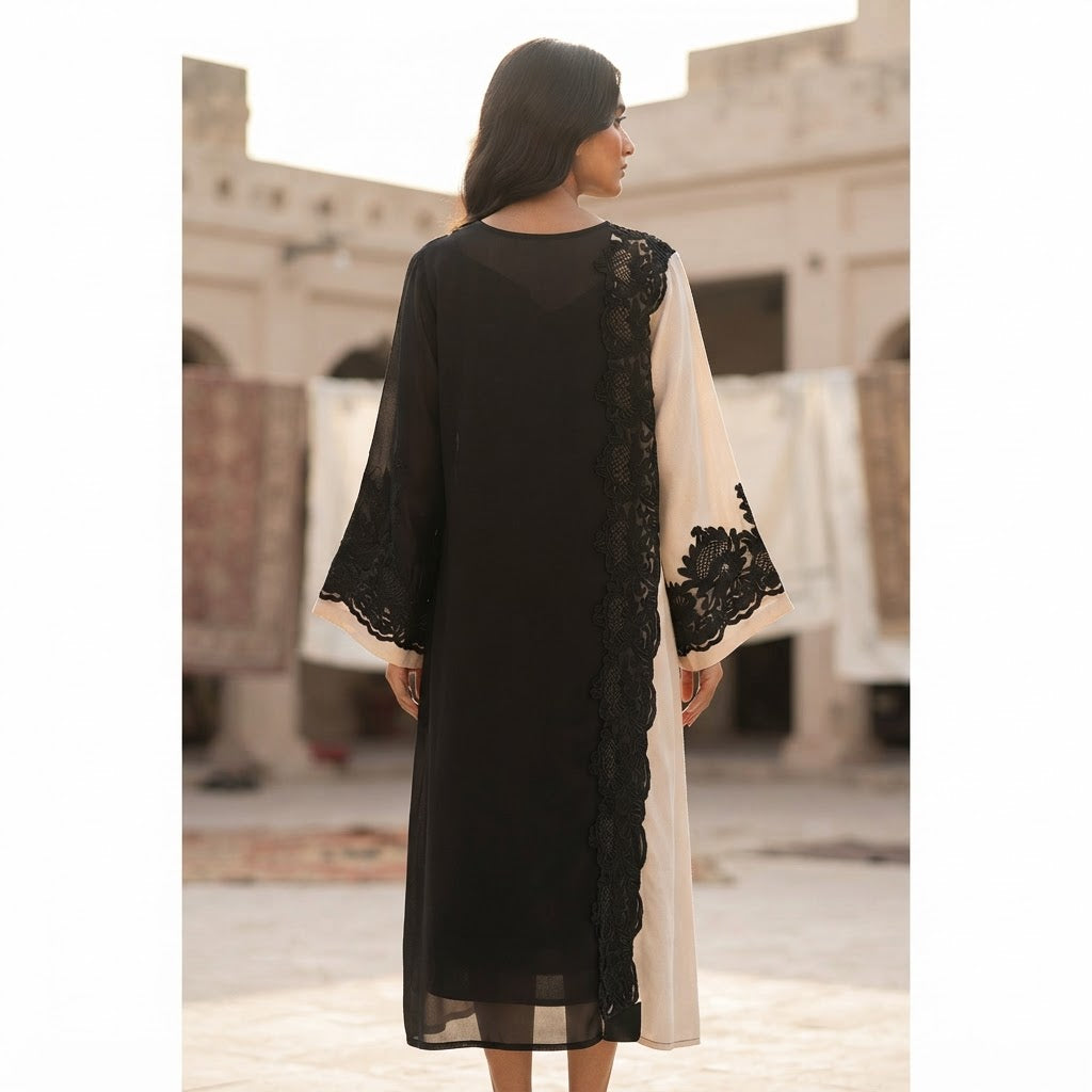 Black and Cream Lace Panel Long Tunic Kameez
