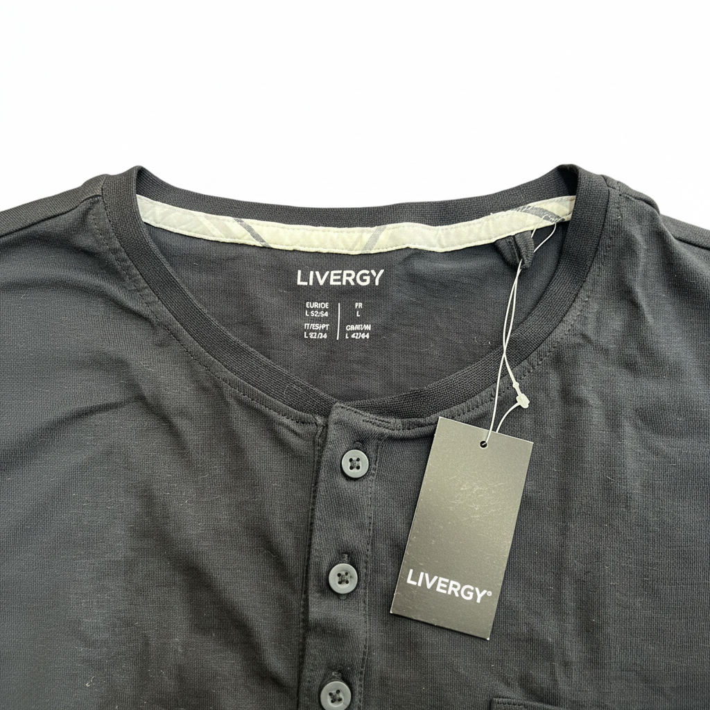 Livergy Men's Black Long Sleeve Henley T-Shirt Size Large
