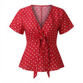 Women's Red Polka Dot Wrap Peplum Blouse
