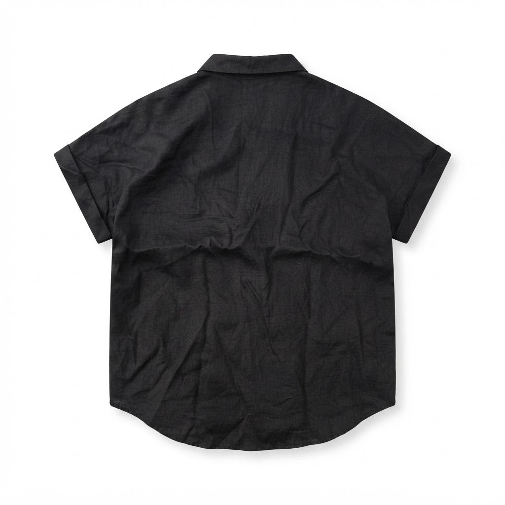 Women's Black Short-Sleeved Relaxed Linen Shirt