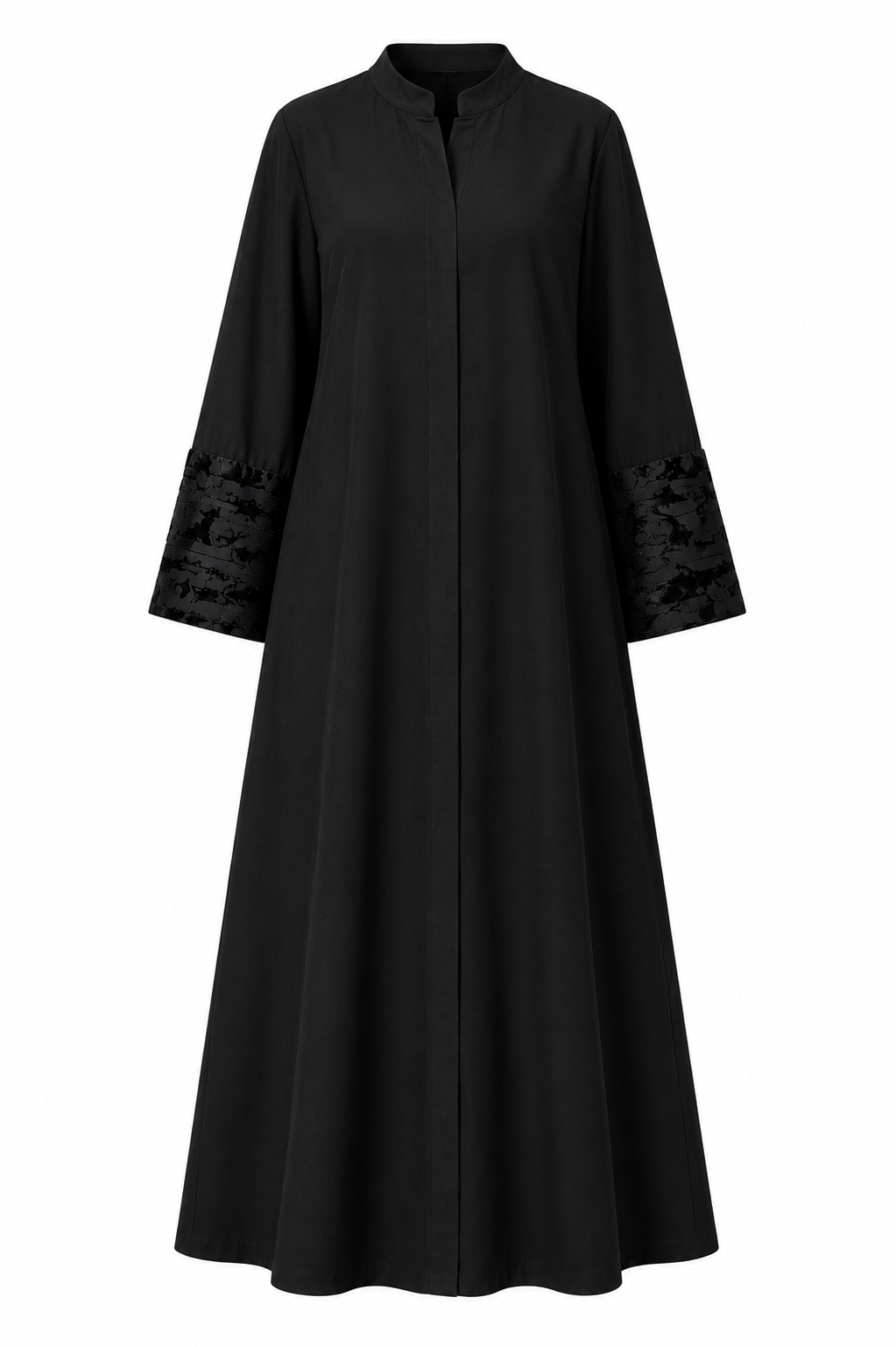Women's Black Modest Abaya with Velvet Floral Cuffs
