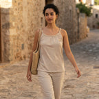 Love and Money Beige Gathered Neckline Top with Braided Meta