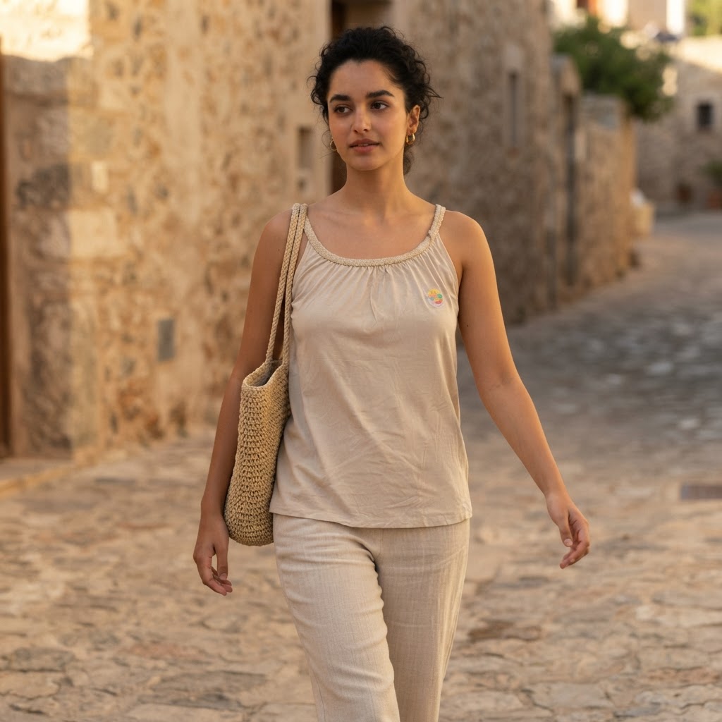 Love and Money Beige Gathered Neckline Top with Braided Meta