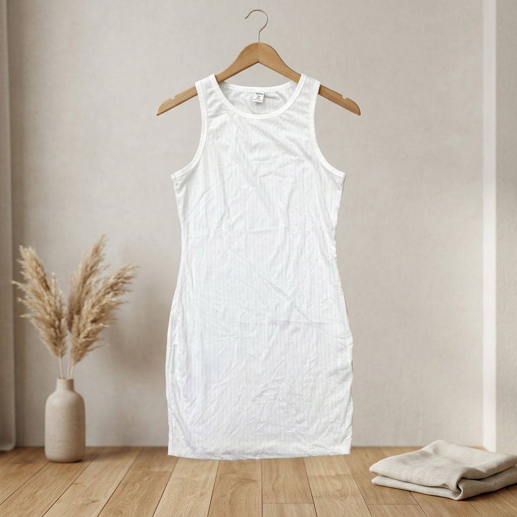 SHEIN Teen White Sleeveless Ribbed Column Tank Dress