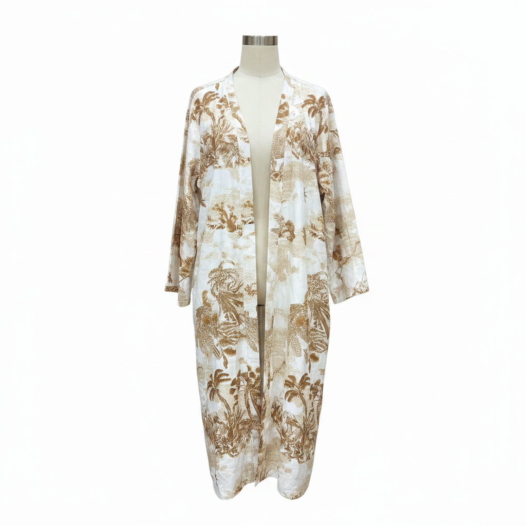 SHEIN CURVE Women's White & Brown Tropical Print Long Kimono