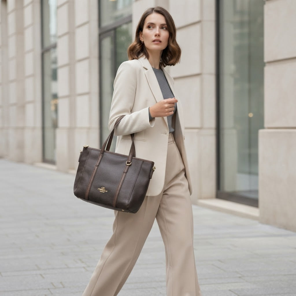 Chrisbella Dark Brown Textured Top-Handle Tote