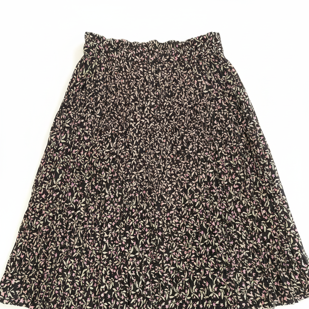 Women's Black Floral Pleated Midi Skirt