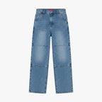 Rfâ Mid Blue Stonewash Skater Fit Wide Leg Panelled Jeans