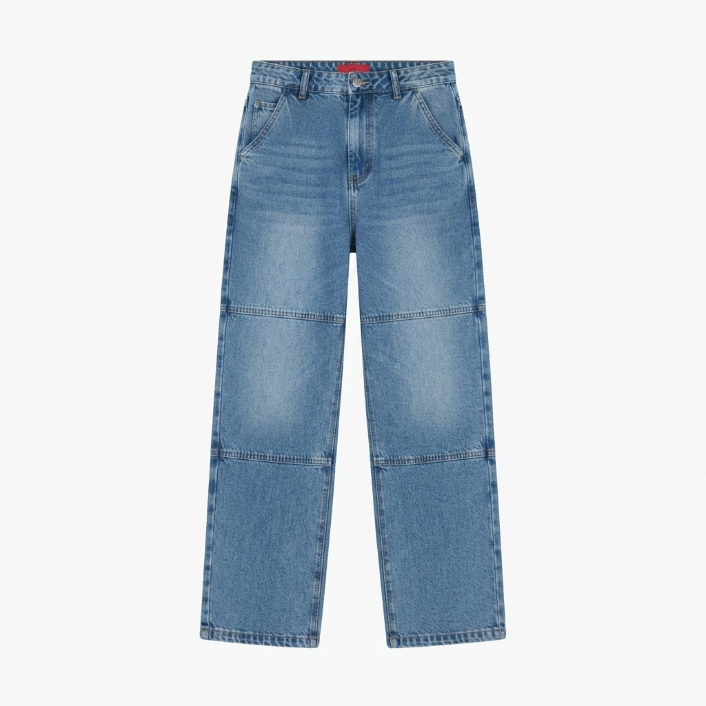 Rfâ Mid Blue Stonewash Skater Fit Wide Leg Panelled Jeans