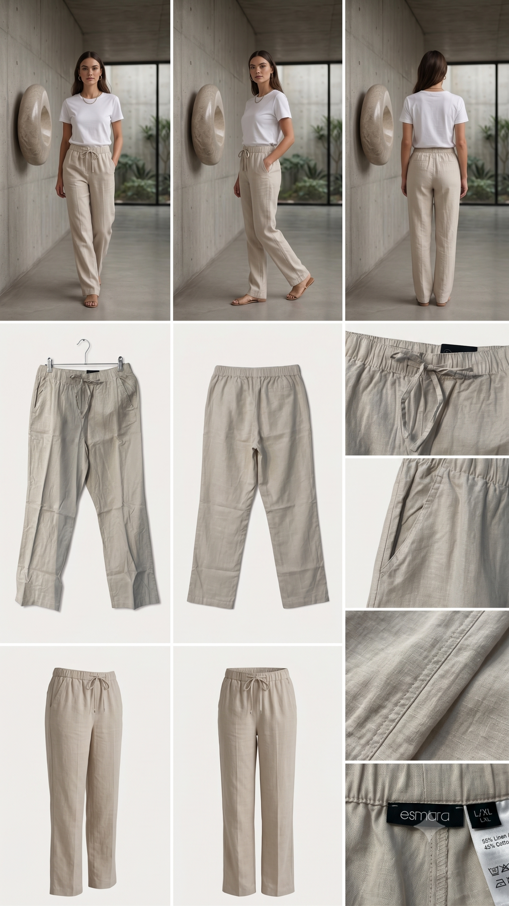 Women's Beige Linen Blend Drawstring Trousers