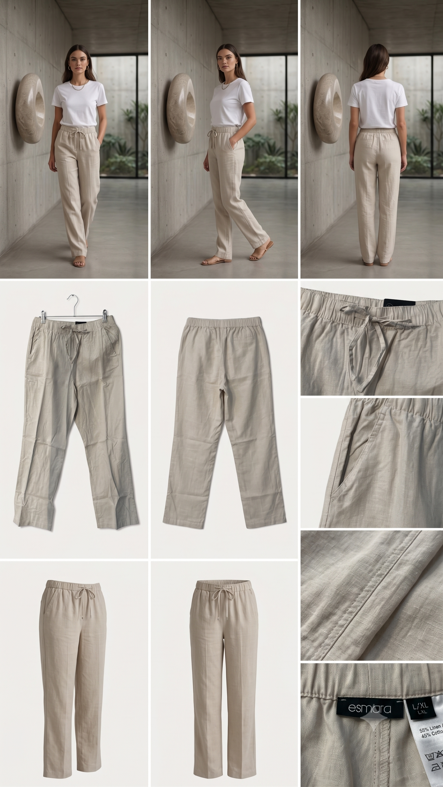 Women's Beige Linen Blend Drawstring Trousers