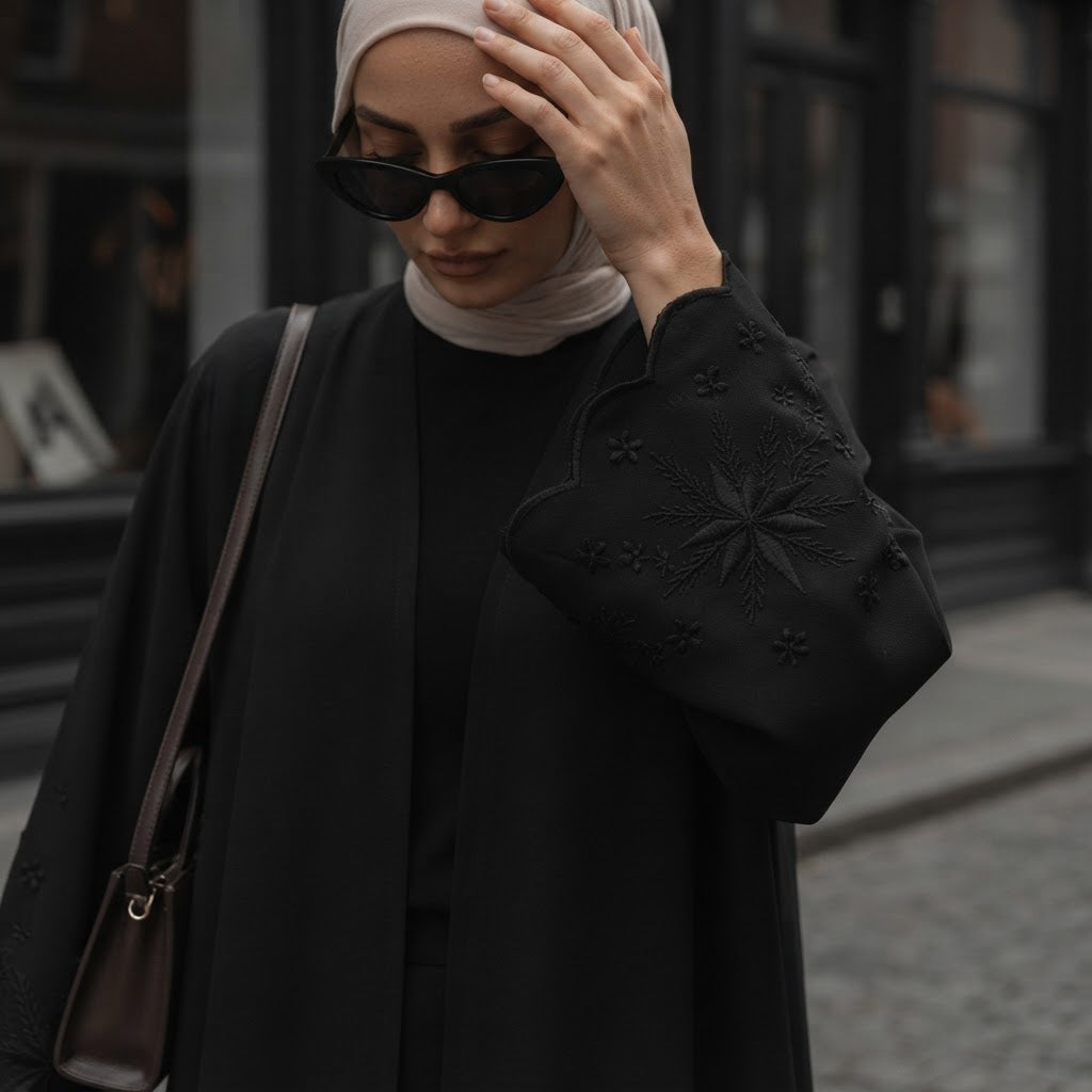 Private Black Embroidered Open-Front Abaya with Scalloped Sl