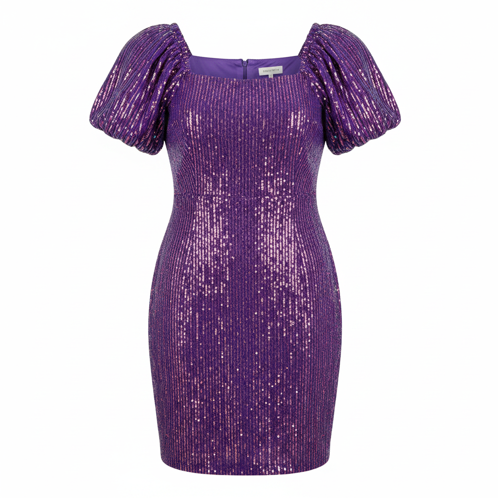 FAERIESTY Purple Iridescent Sequin Puff Sleeve Dress