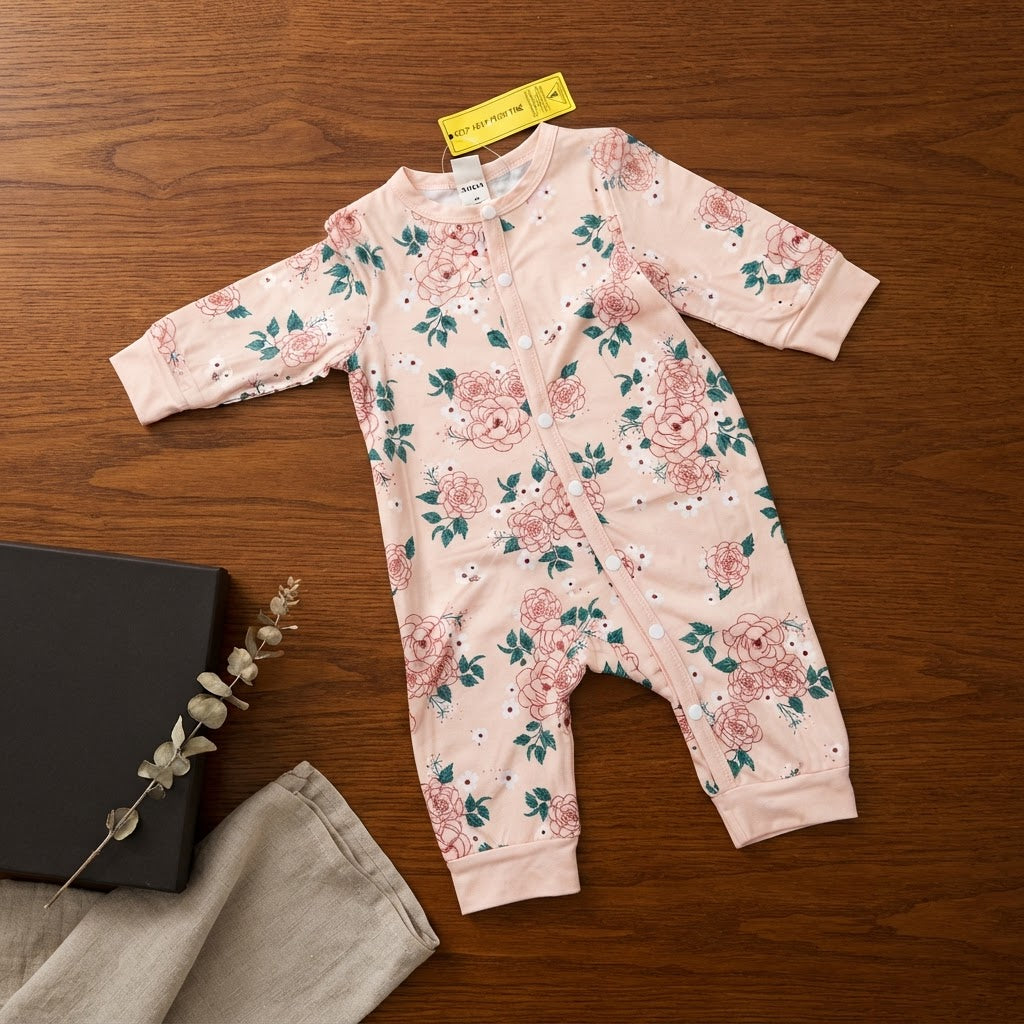 SHEIN Pale Blush Pink Floral Long-Sleeve Baby Romper