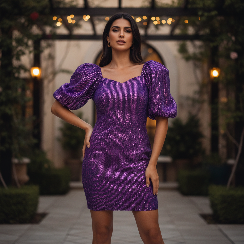 FAERIESTY Purple Iridescent Sequin Puff Sleeve Dress