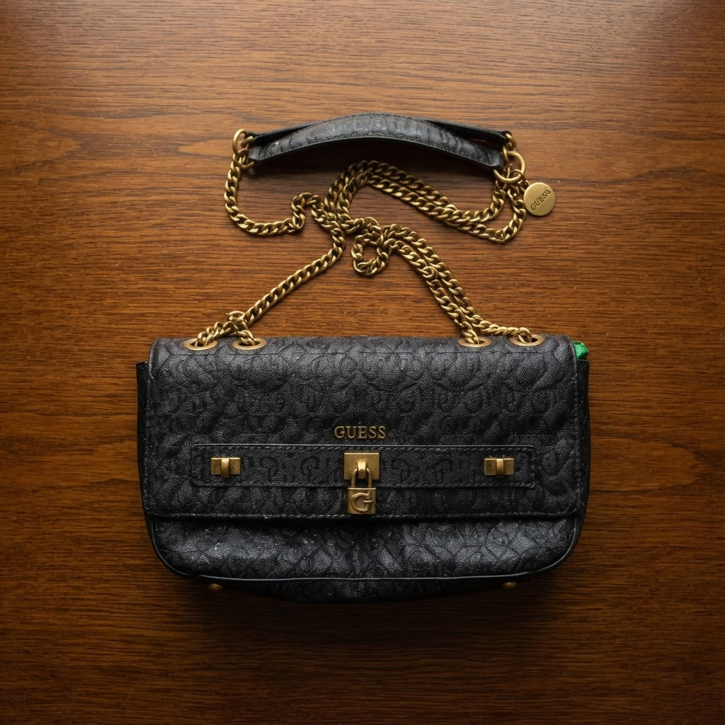 GUESS Guess Black Embossed Logo Flap Shoulder Bag