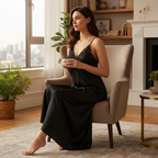 Women's Black Satin Lace-Trim Maxi Slip Dress