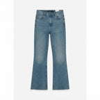BERSHKA Mid-Blue High-Rise Long Flare Jeans with Raw Hem
