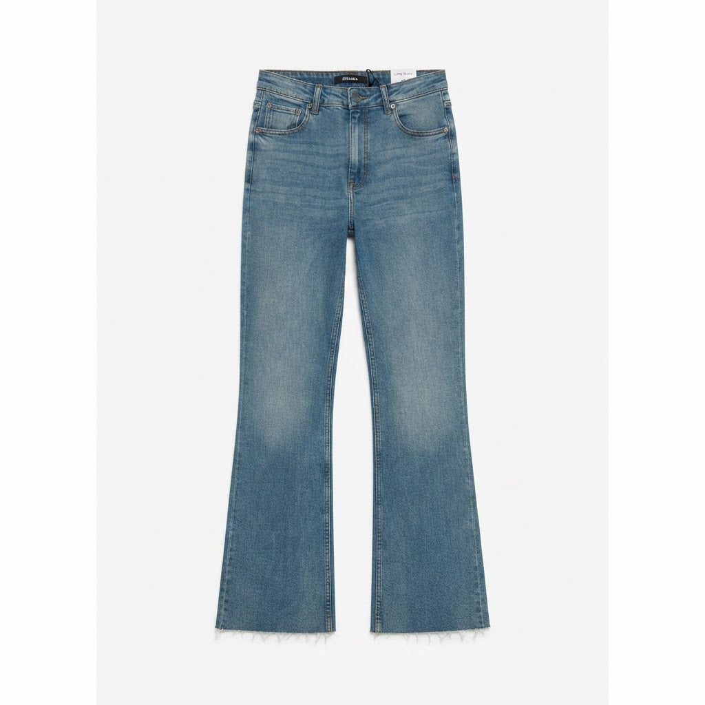 BERSHKA Mid-Blue High-Rise Long Flare Jeans with Raw Hem