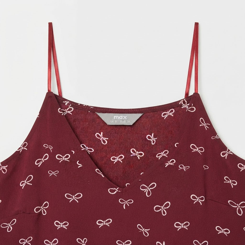 Women's Burgundy Bow Print V-Neck Long Sleeve Blouse