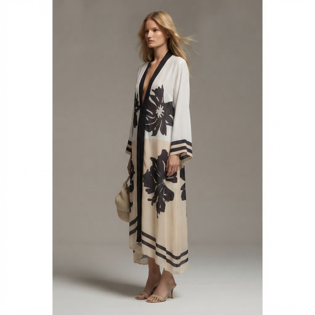 JOMANA White and Navy Floral Graphic Long Sleeve Tunic Dress