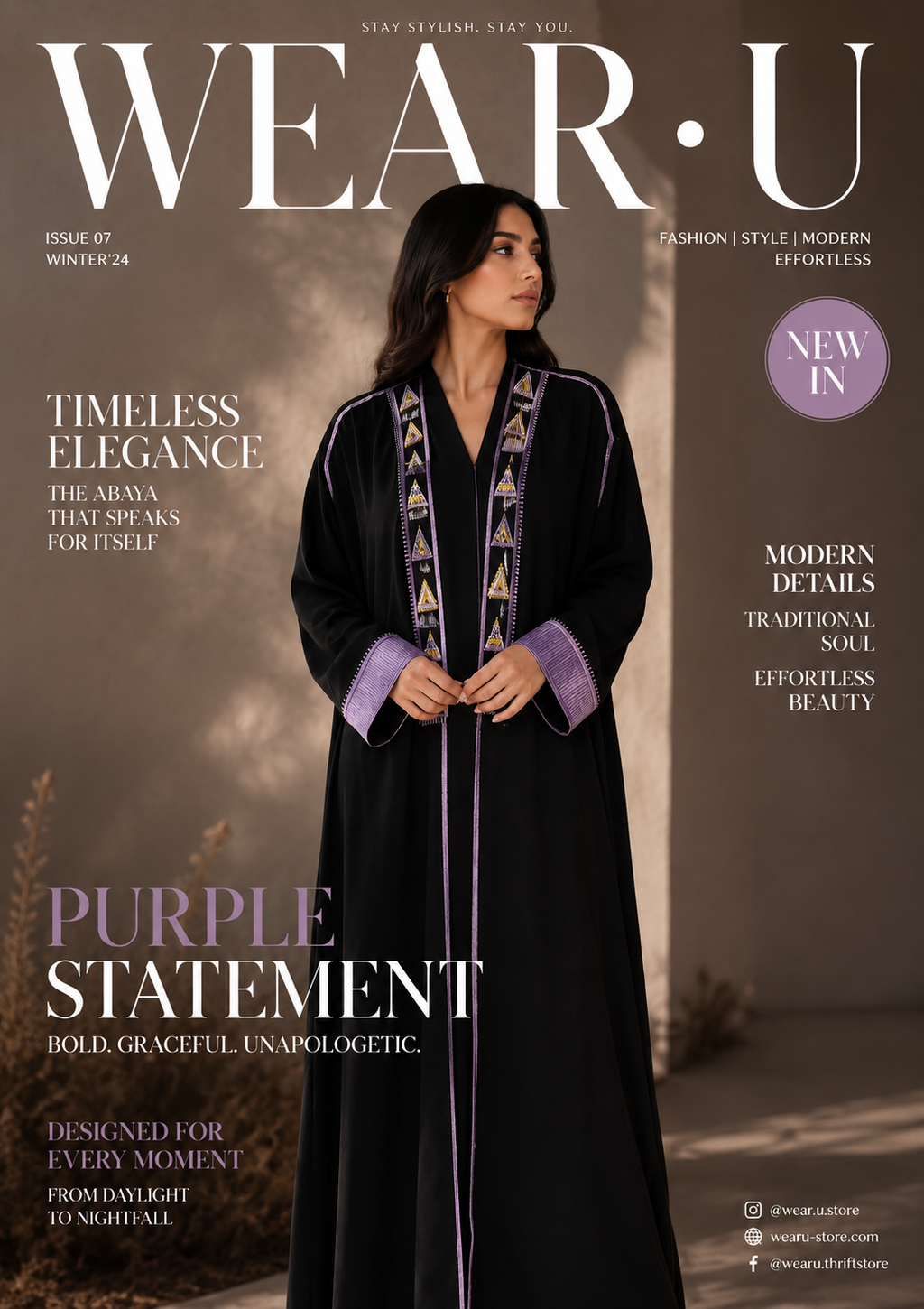 Black Open Front Gulf Style Abaya with Purple Embroidery