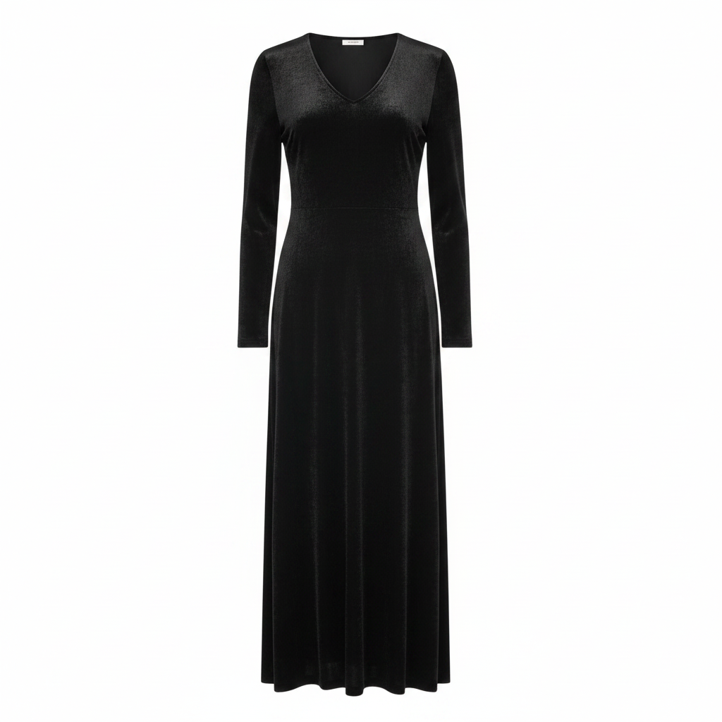 Women's Black V-Neck Long Sleeve Textured Midi Dress