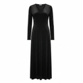 Women's Black V-Neck Long Sleeve Textured Midi Dress
