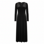 Women's Black V-Neck Long Sleeve Textured Midi Dress
