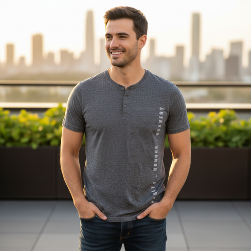 Connor Men's Grey Marle Graphic Henley T-Shirt - Size M