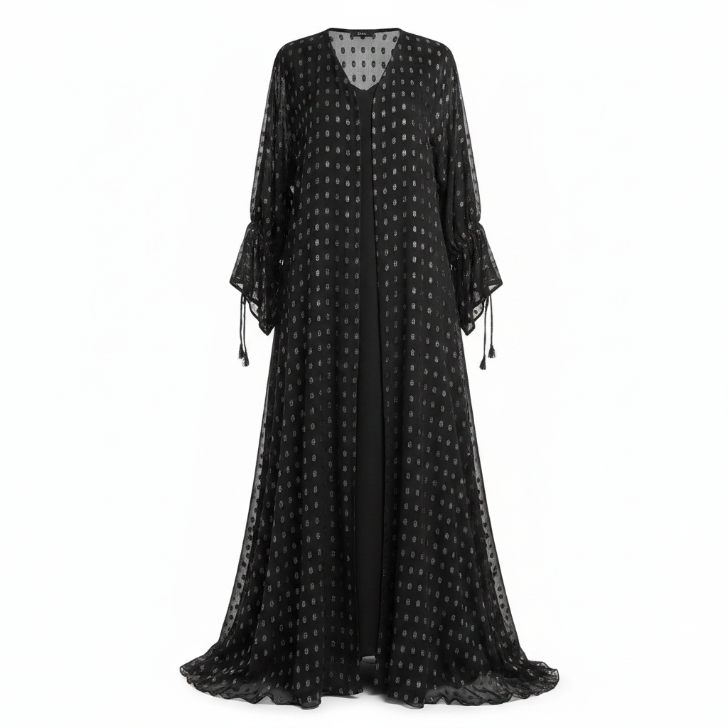 Black & Silver Metallic Dot Long Chiffon Abaya Cardigan