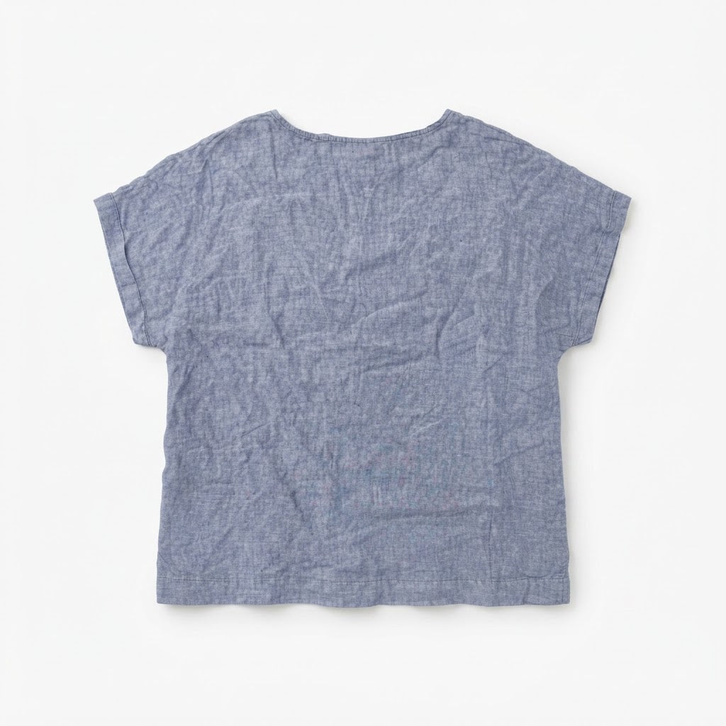 Women's Blue Embroidered Linen-Blend Short Sleeve Top