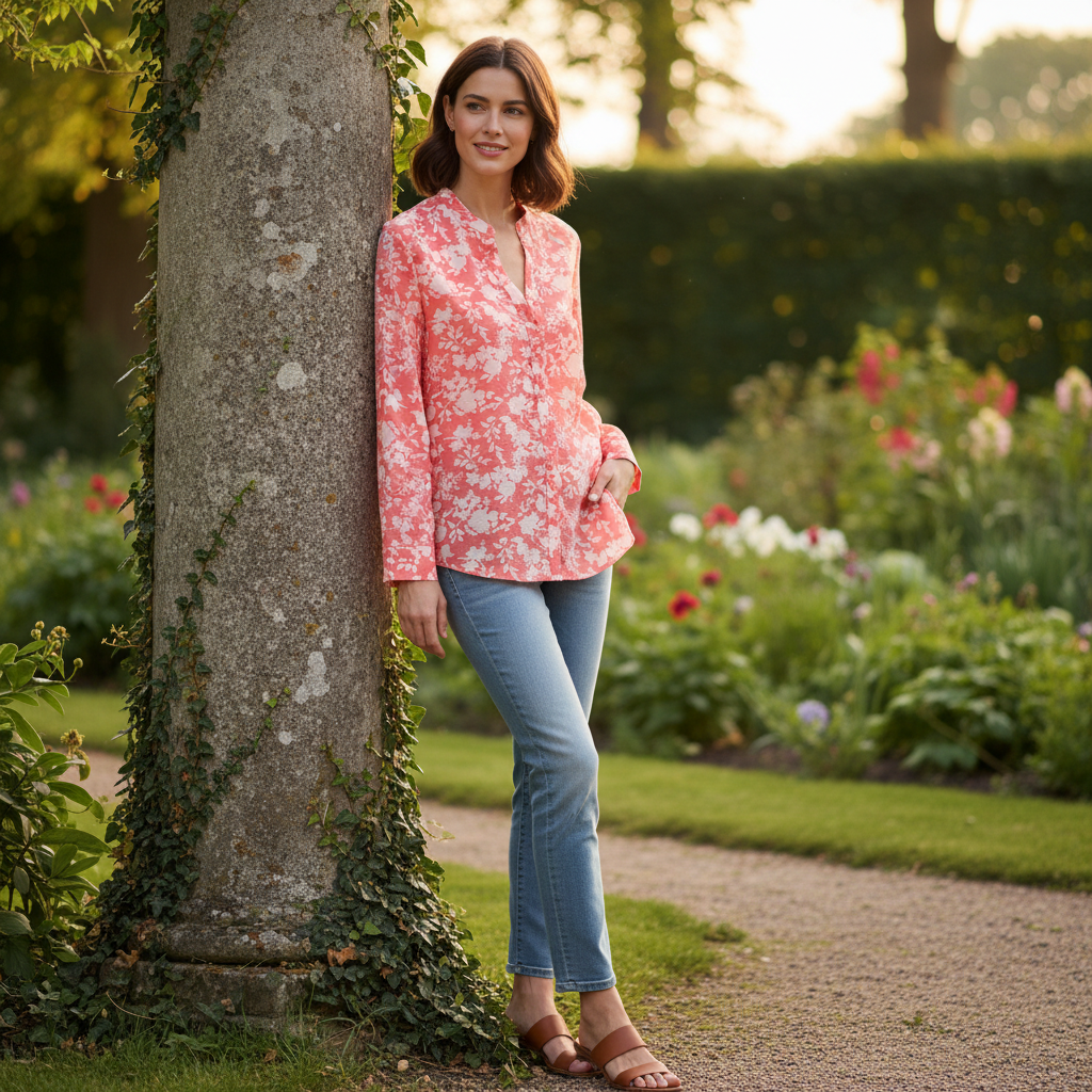 VIA MILANO Women's Floral Crepe Blouse - Coral/White