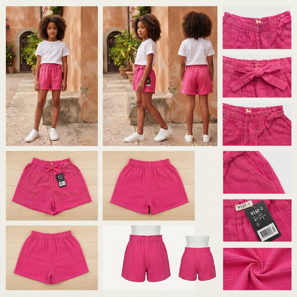 Magenta Textured Gauze Shorts with Elastic Waist