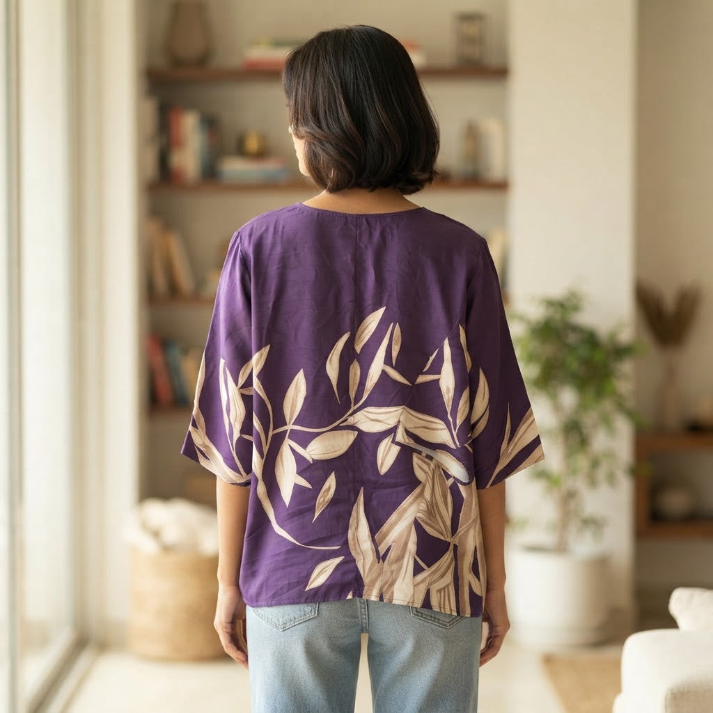 SHEIN Women's Purple Leaf Print Relaxed Fit Top