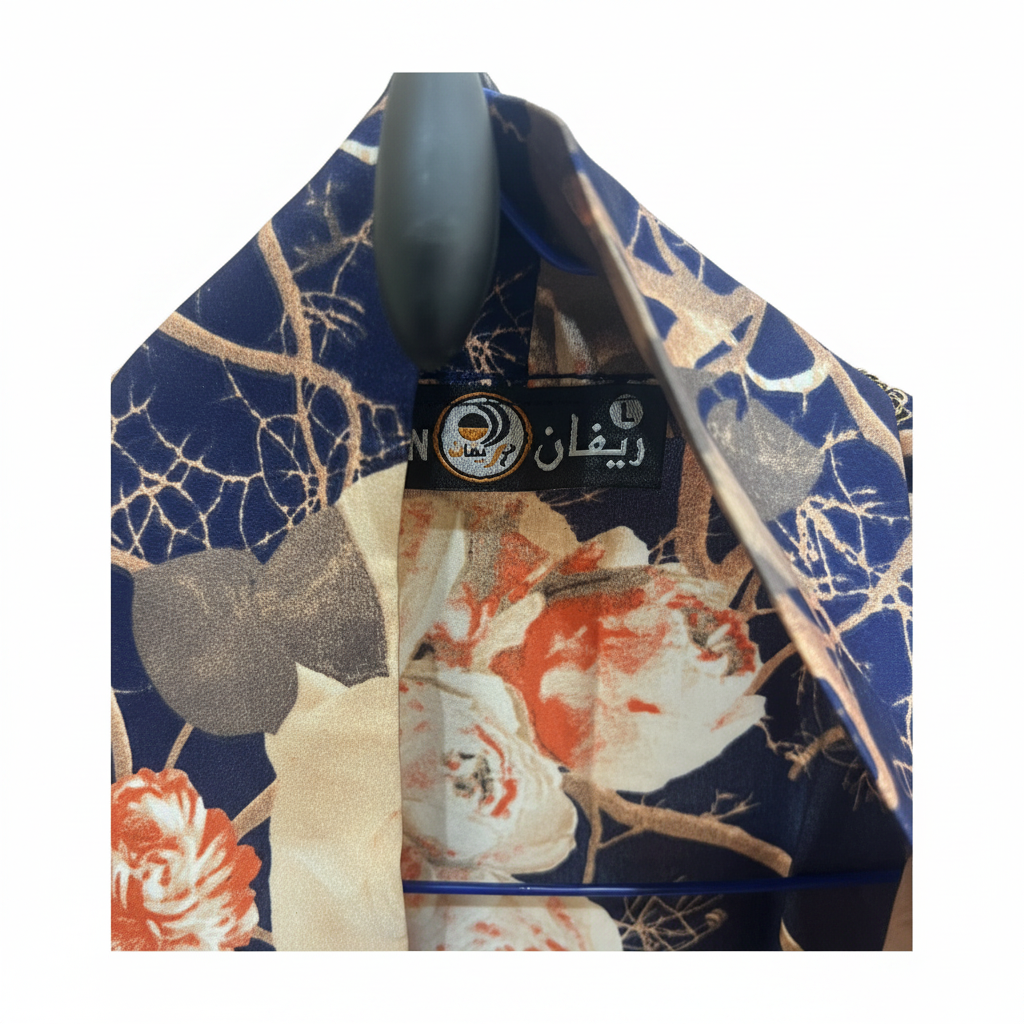Navy Blue Floral Open Front Long Kimono Robe
