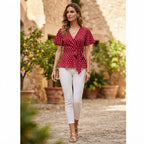 Women's Red Polka Dot Wrap Peplum Blouse