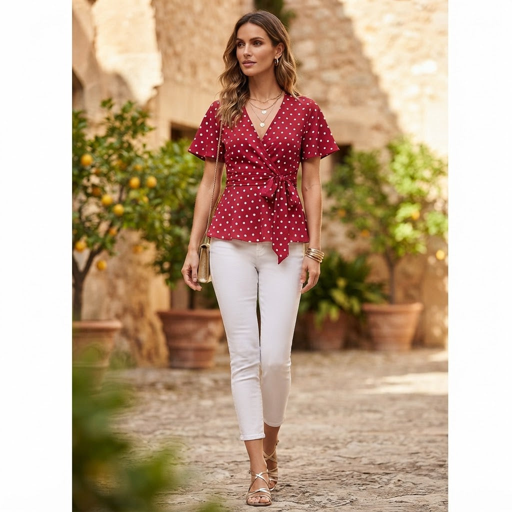 Women's Red Polka Dot Wrap Peplum Blouse