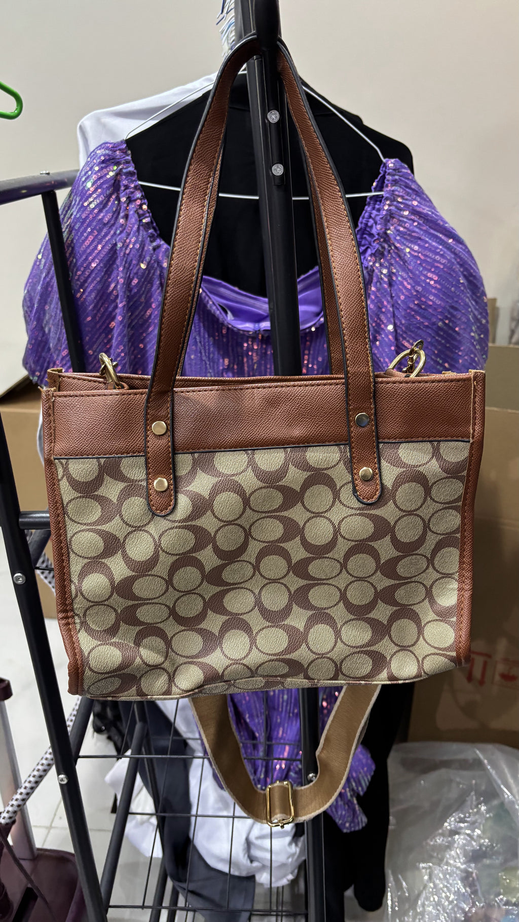 CACOH Brown Monogram Structured Tote Bag