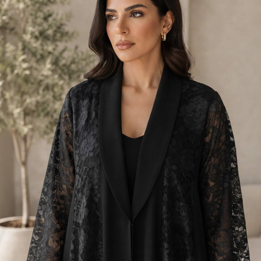 guess Black Open-Front Abaya with Floral Lace Panels