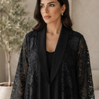 guess Black Open-Front Abaya with Floral Lace Panels