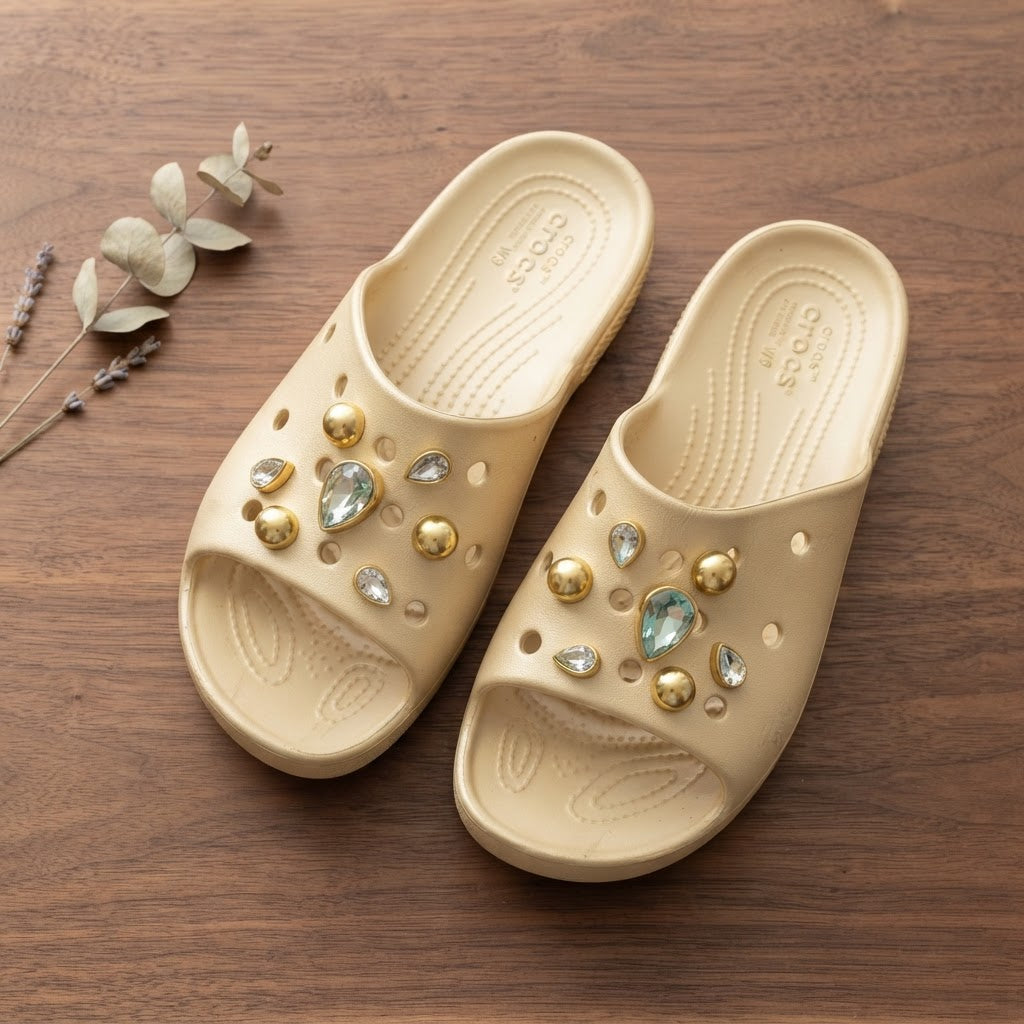 Crocs Cream Embellished Platform Slide Sandals with Crystals