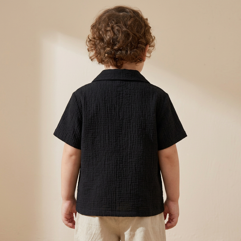 SHEIN SHEIN Black Crinkle Gauze Camp Collar Toddler Shirt