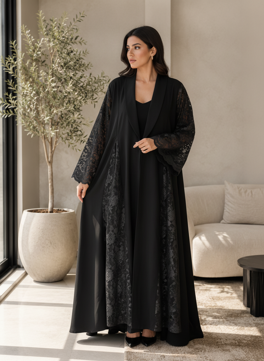 guess Black Open-Front Abaya with Floral Lace Panels