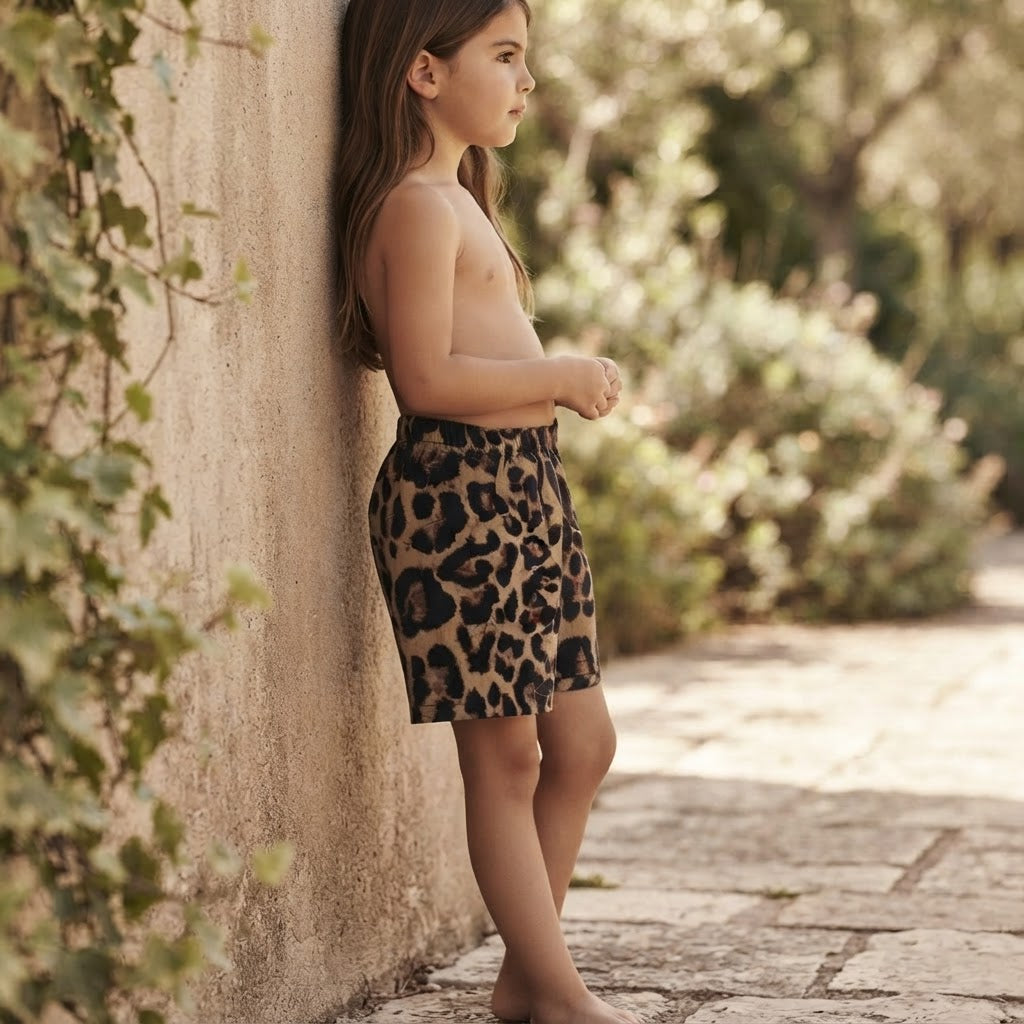 SHEIN Tan Leopard Print SHEIN Kids' Shorts with Elastic Wais